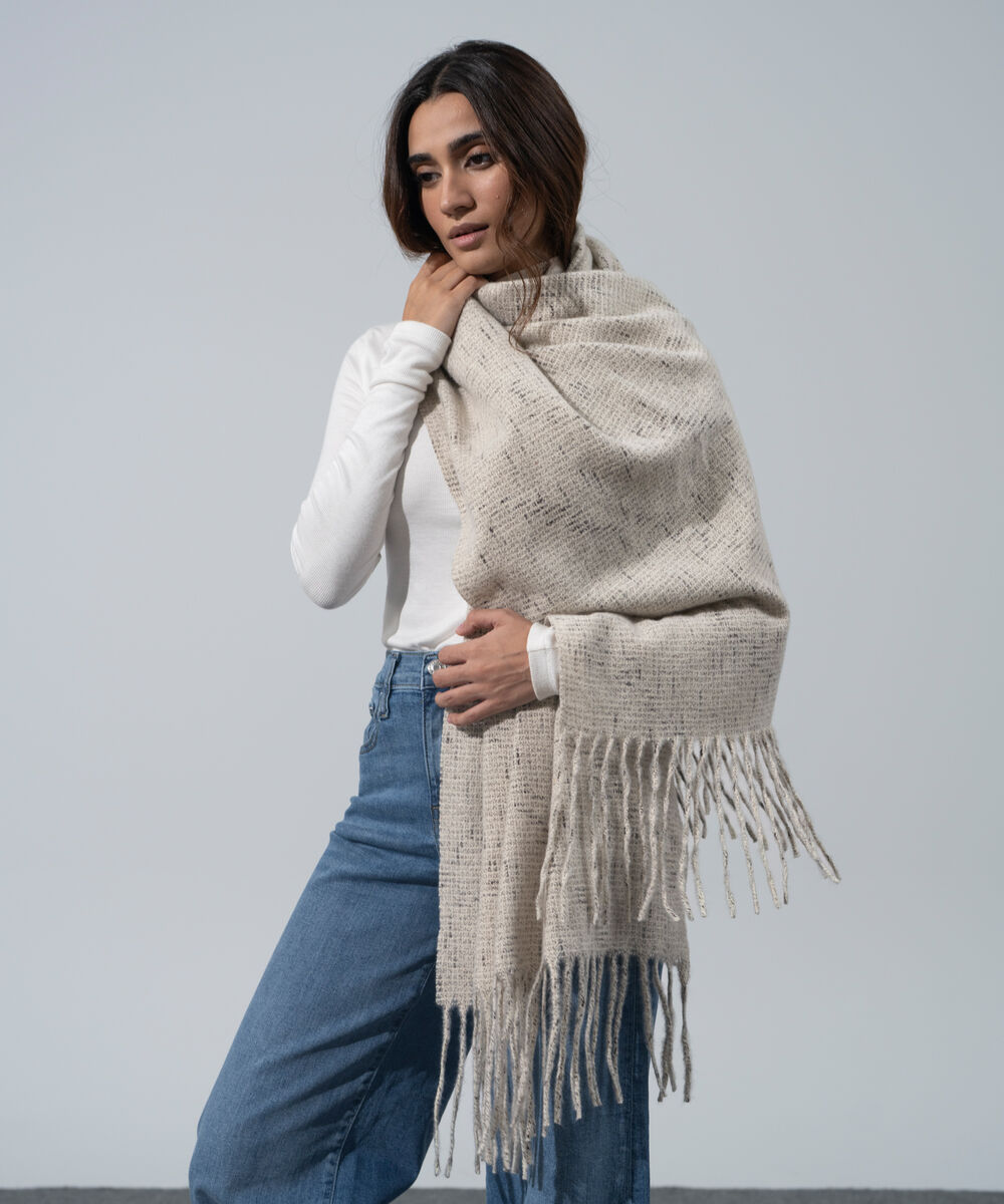 Women's Western Wear Off White Polyester Textured Woolen Scarf
