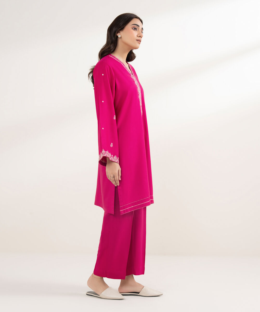 Women's RTW Viscose Linen Embroidered Pink Shirt