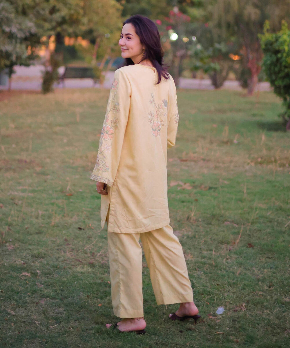 Women's RTW Self Jacquard Leno Embroidered Pale Yellow Straight Shirt