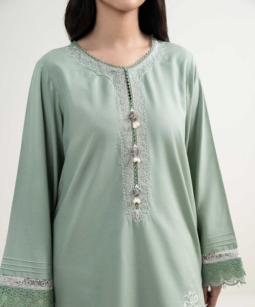 Women's RTW Cotton Viscose Embroidered Green 3 Piece Suit