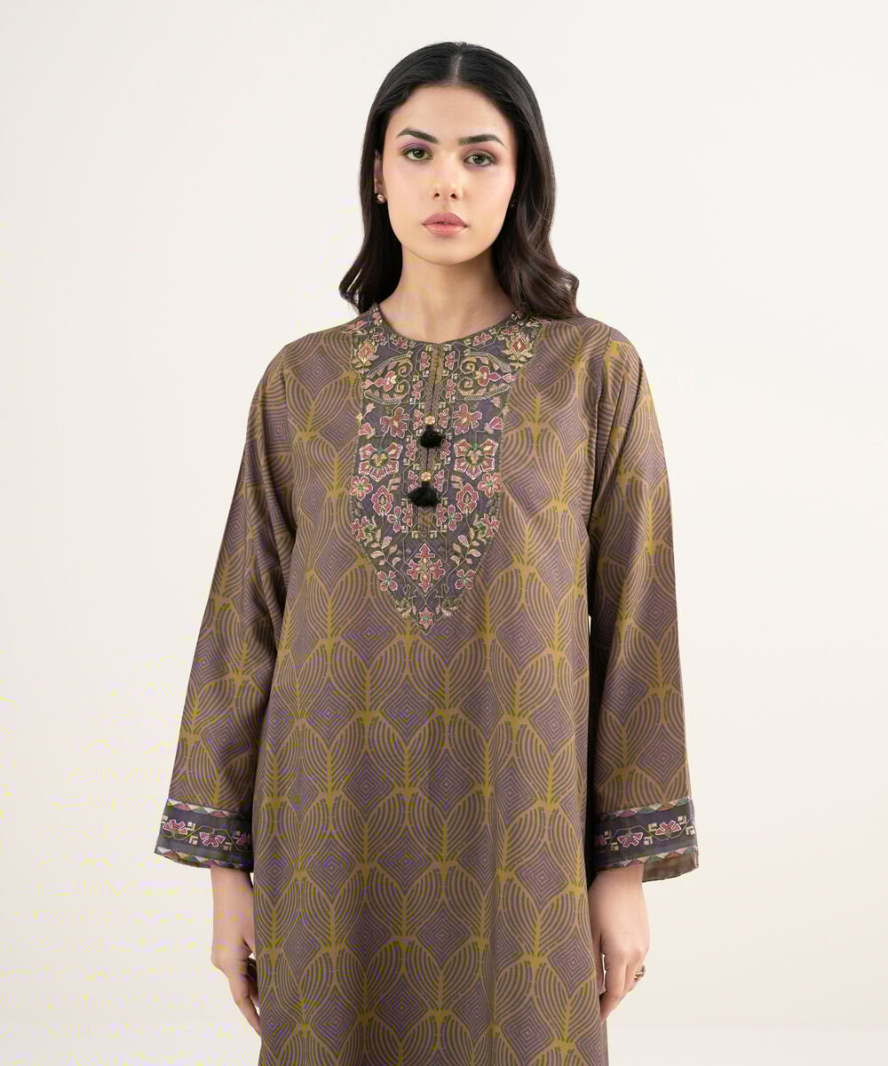 Women's RTW Arabic Cambric Embroidered Green Straight Shirt