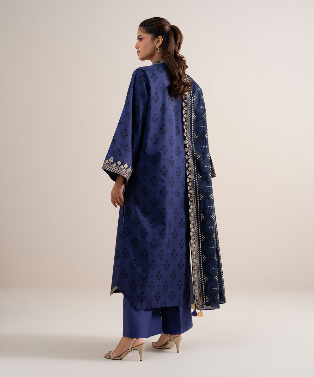 Women's Unstitched Lawn Embroidered Blue 3 Piece Suit