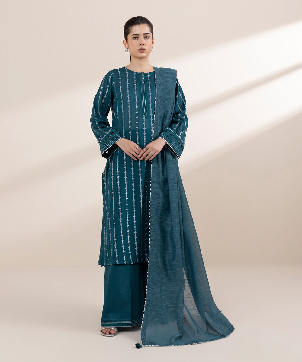 Women's RTW Extra Weft Jacquard Blue Solid A-Line Shirt