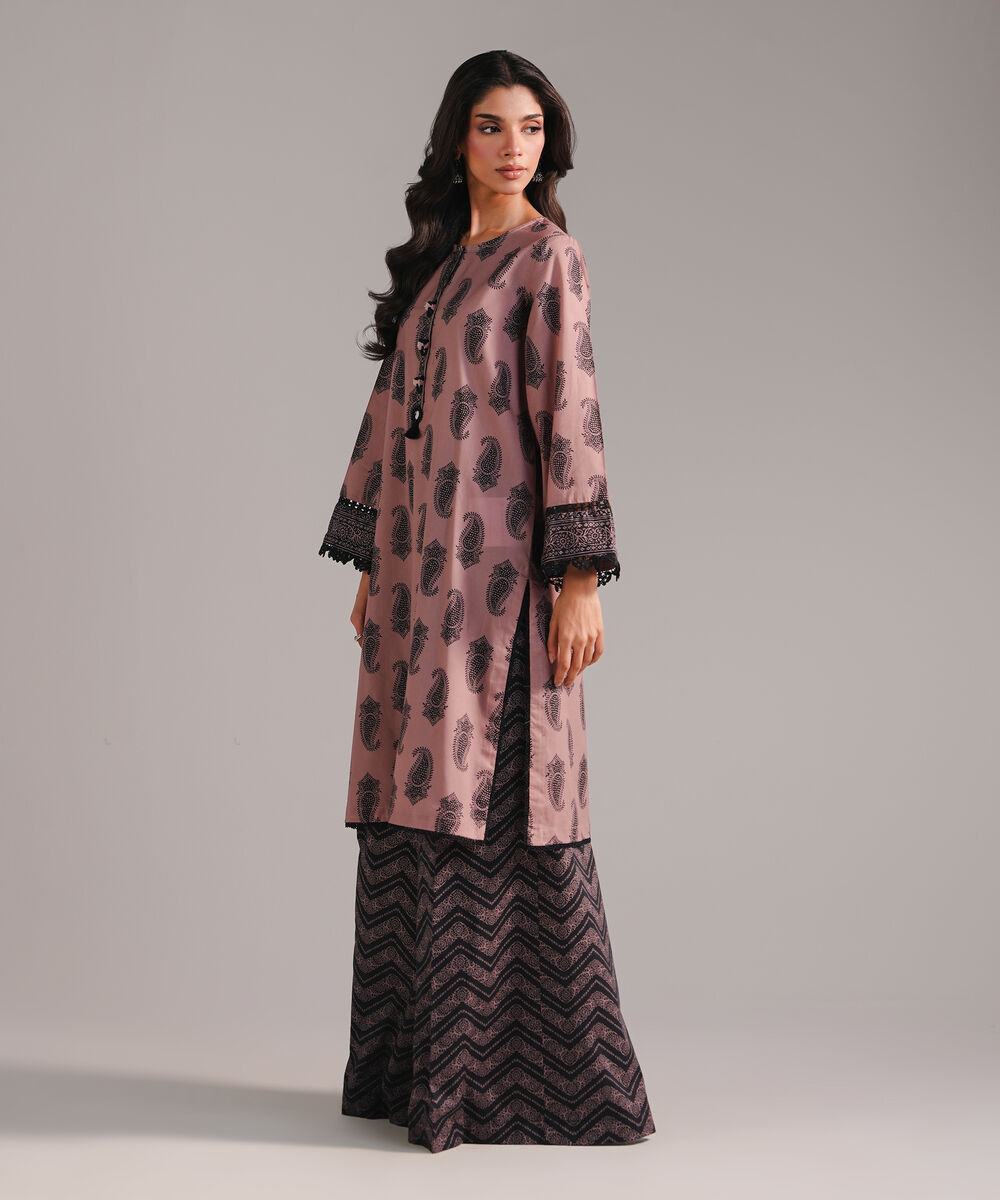 Women's RTW Textured Cotton Printed Muted Brown 2 Piece Suit