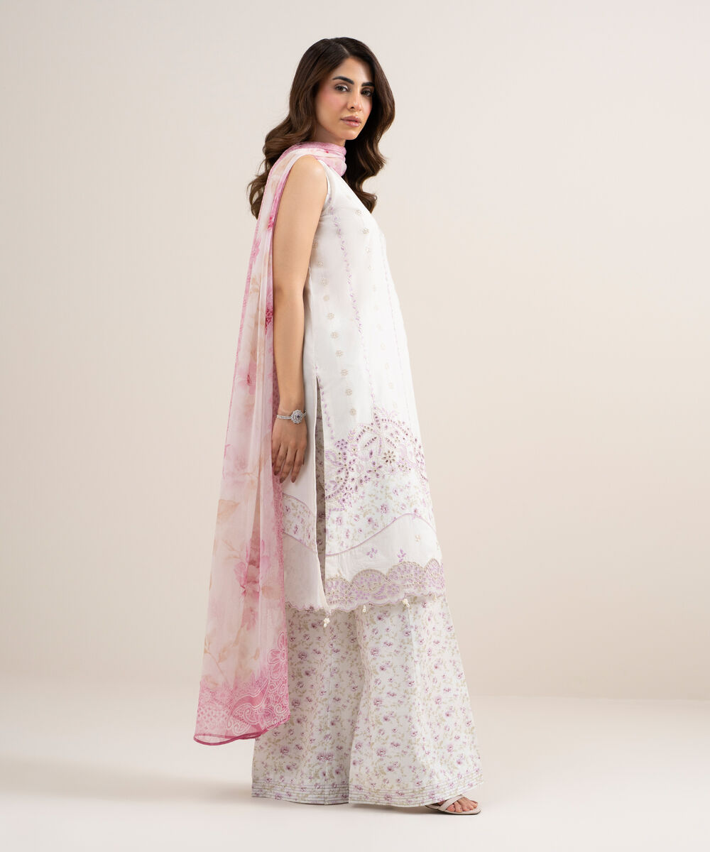 Women's Unstitched Dobby Embroidered Off White 3 Piece Suit