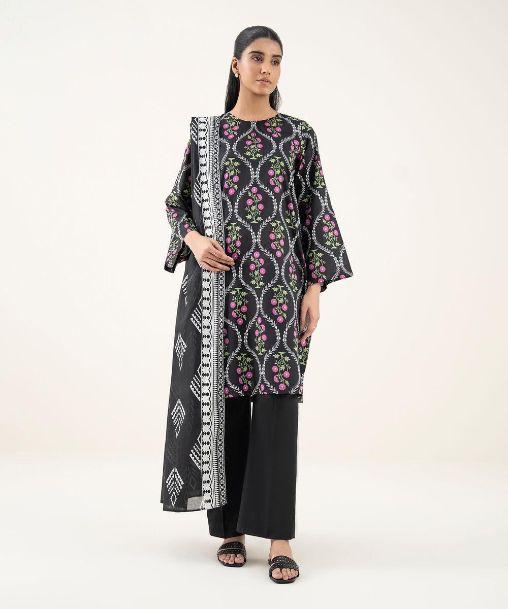 Women's Unstitched Lawn Printed Black 3 Piece Suit
