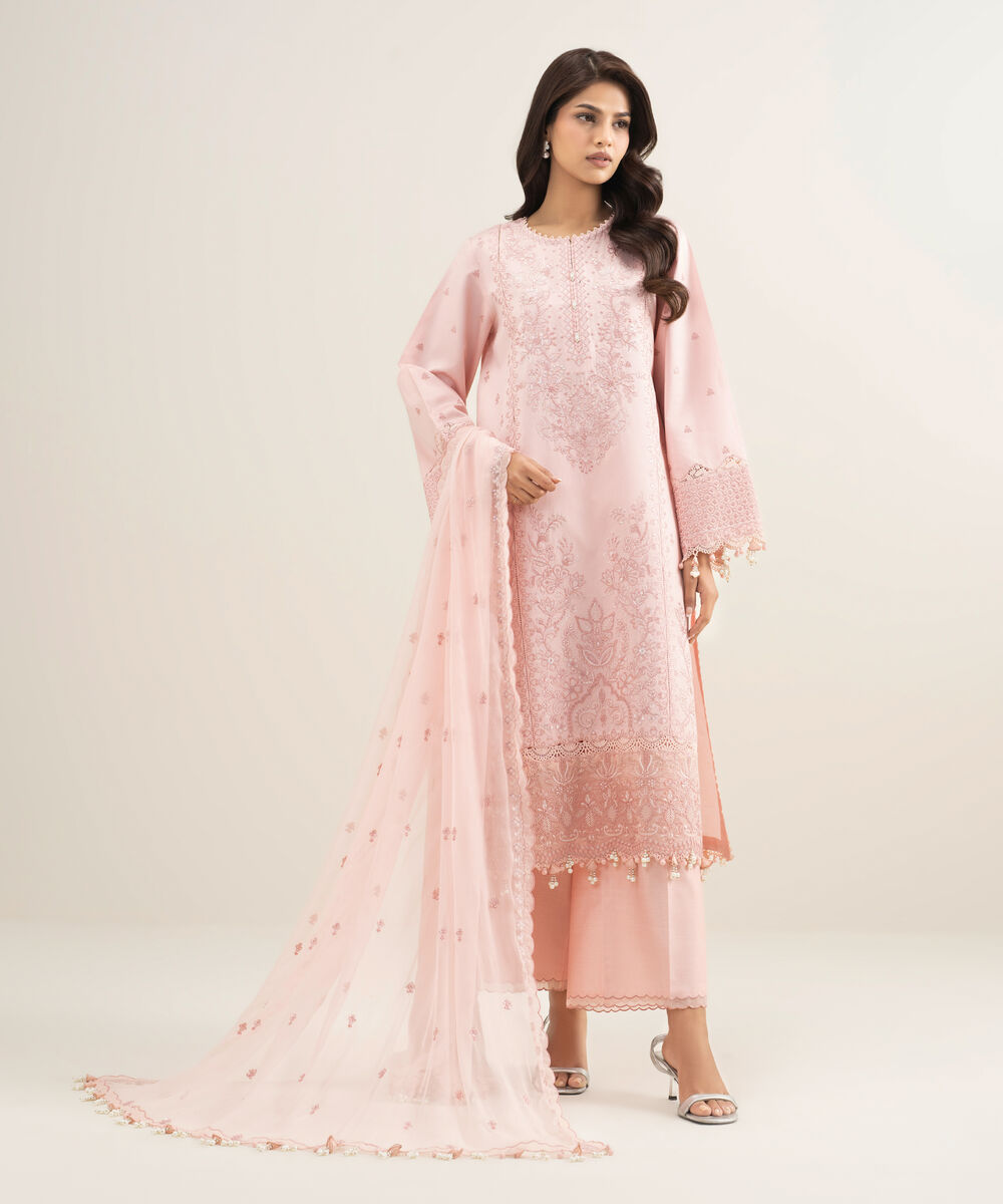 Women's Unstitched Cotton Net Embroidered Pink 3 Piece Suit