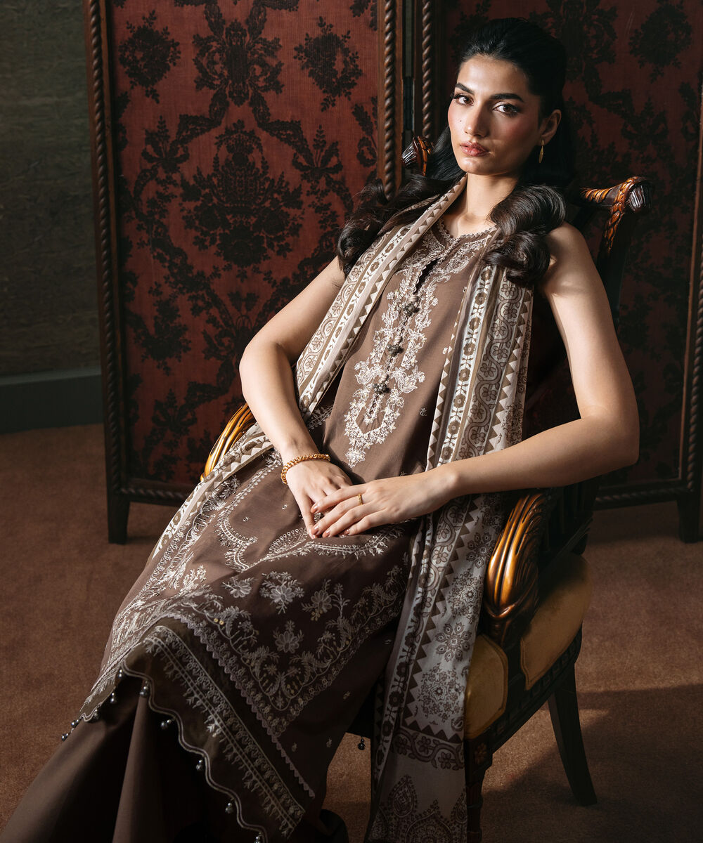 Women's Unstitched Lawn Embroidered Brown 3 Piece Suit
