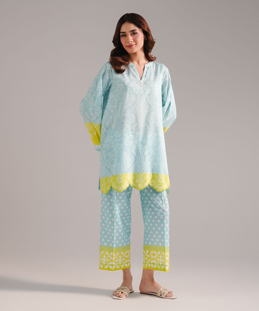 Women's RTW Cambric Printed Light Blue Straight Shirt