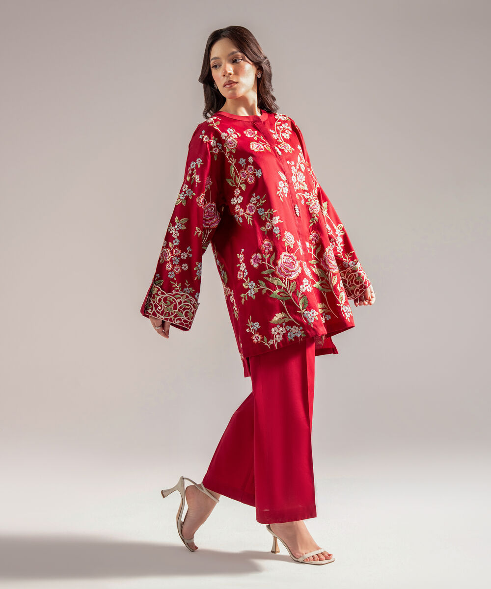 Women's RTW Cotton Satin Embroidered Maroon 2 Piece Suit
