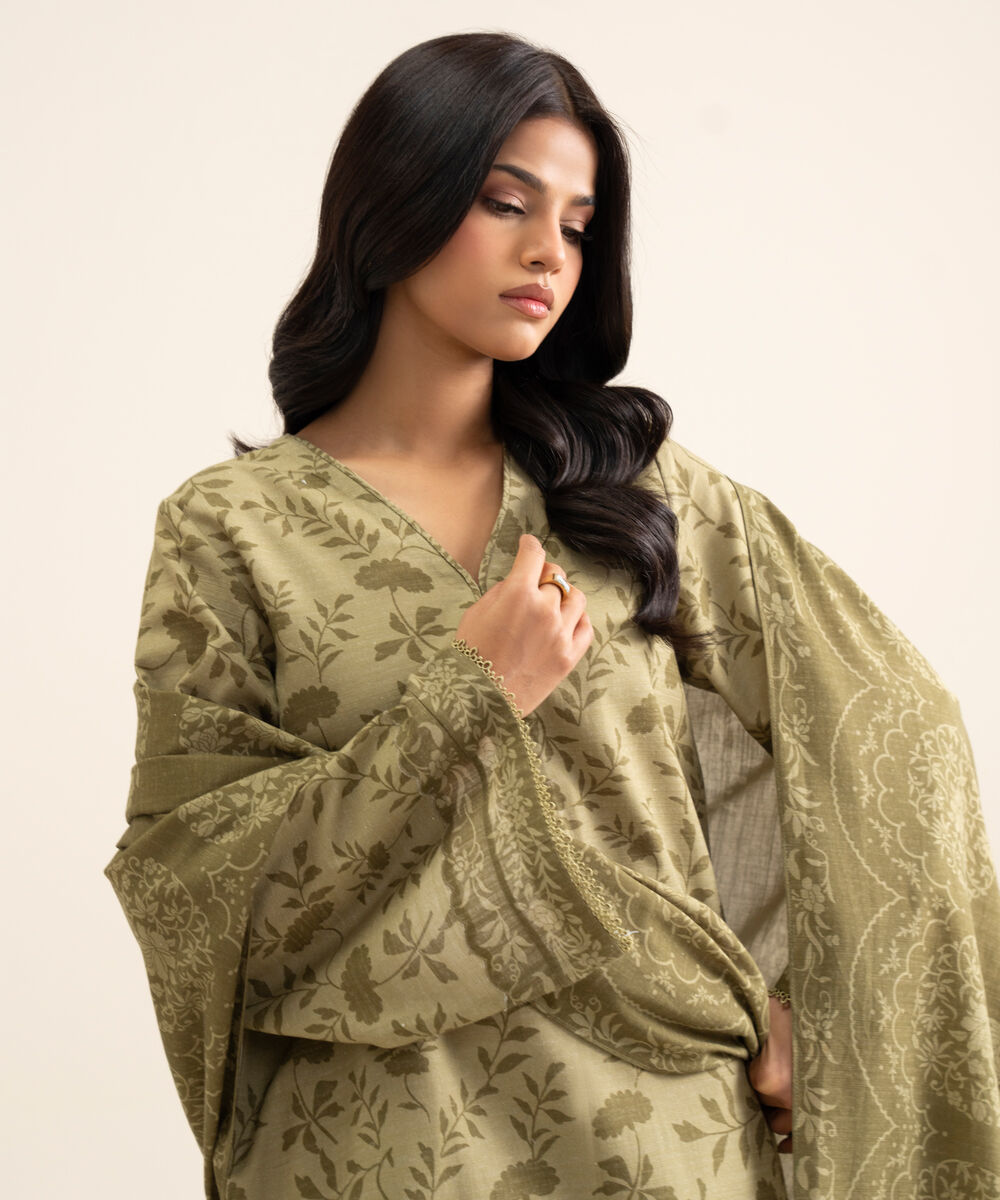 Women's Unstitched Light Khaddar Printed Olive Green 3 Piece Suit