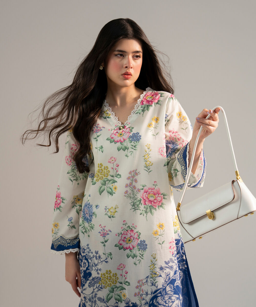 Women's RTW Lawn Printed White 2 Piece Suit