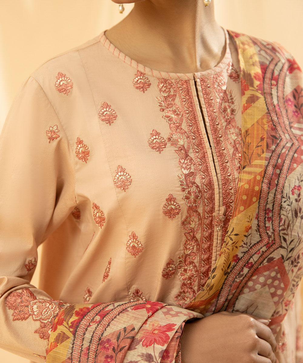 Women's Unstitched Raw Silk  Embroidered Light Beige 3 Piece Suit