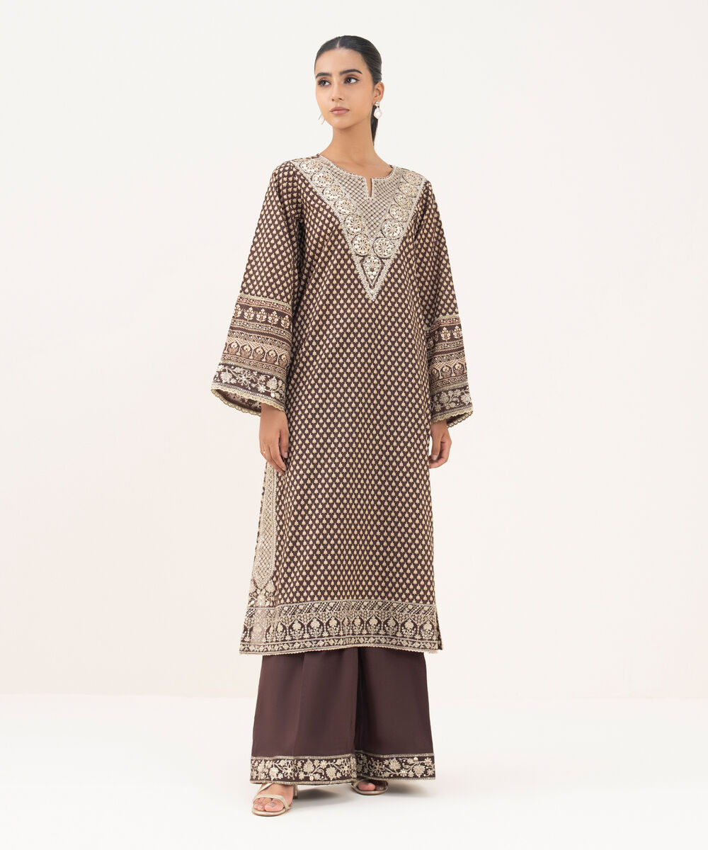 Women's RTW Textured Lawn Brown Embroidered A-Line Shirt