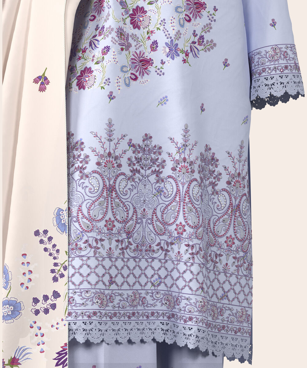 Women's Unstitched Lawn Lilac  Embroidered 3 Piece Suit