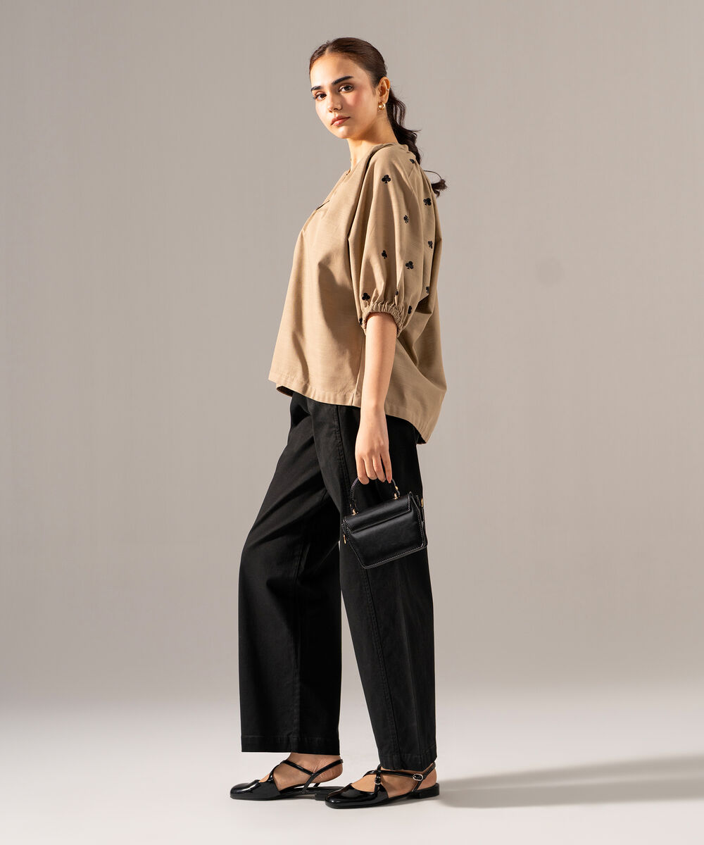 Women's RTW Khaddar Solid Embroidered Dark Beige Drop Shoulder Shirt
