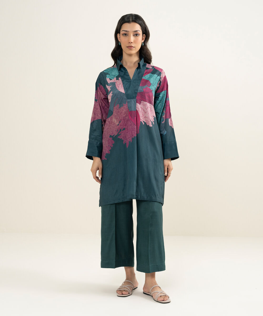 Women's RTW Blended Grip Silk Printed Teal 2 Piece Suit