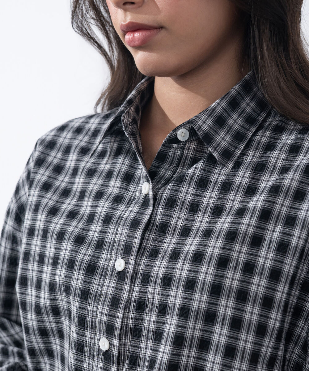 Women's Western Wear Black & White Checkered Boxy Shirt