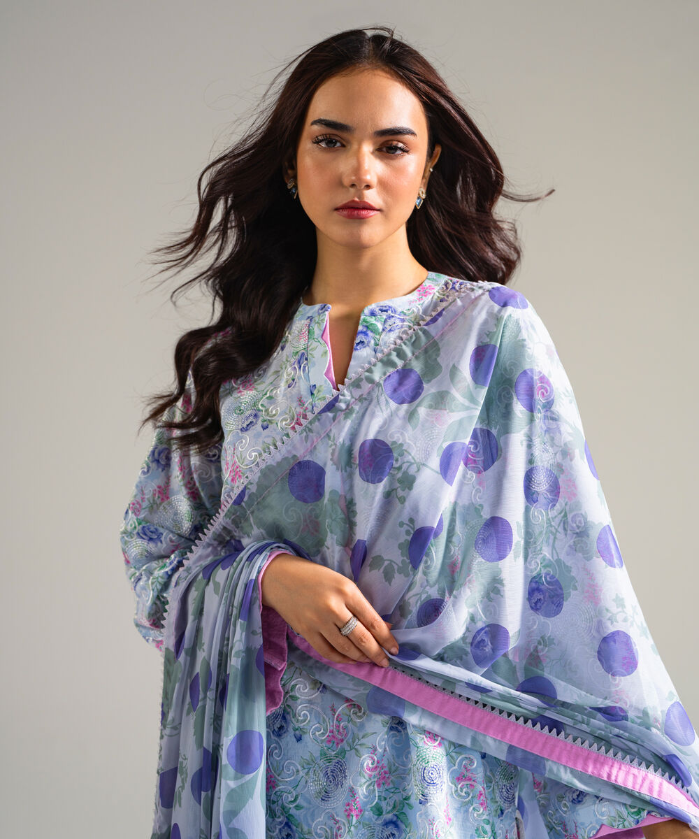 Women's RTW Dobby Embroidered Blue 3 Piece Suit