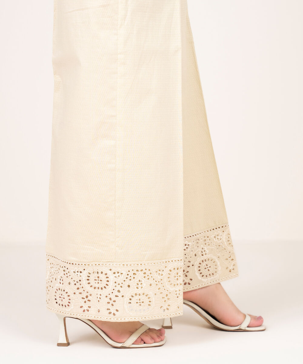 Women's RTW Textured Cotton Embroidered Beige Culottes