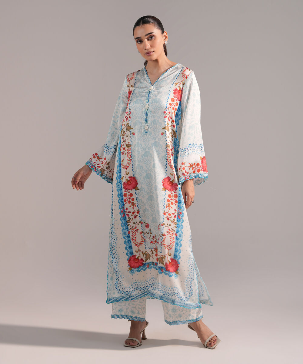 Women's RTW Blended Satin Printed Blue 2 Piece Suit