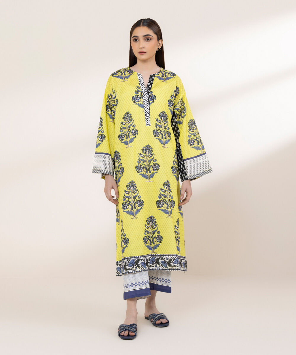 Women's RTW Textured Lawn Yellow Printed Boxy Shirt