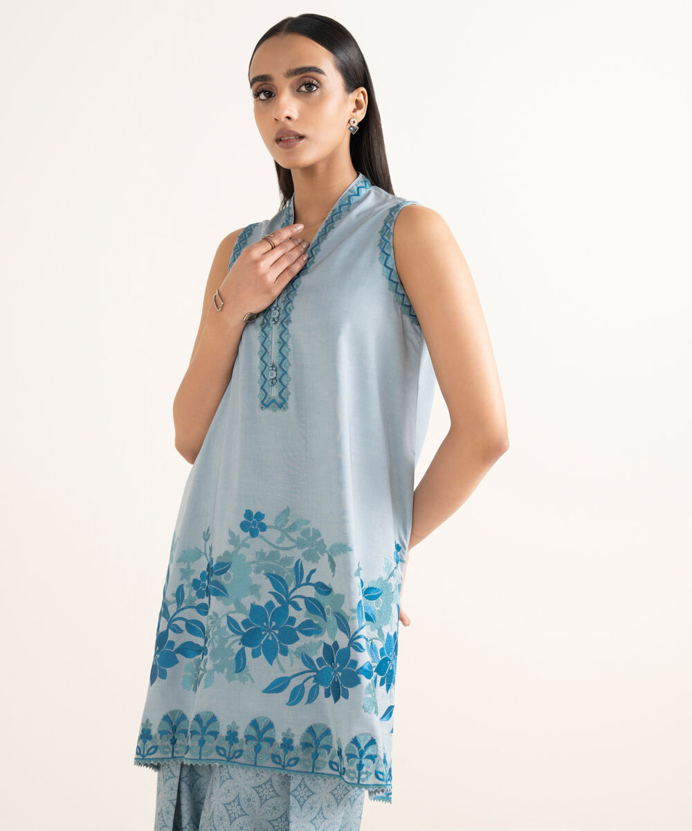 Women's Unstitched Linen Embroidered Blue 2 Piece Suit