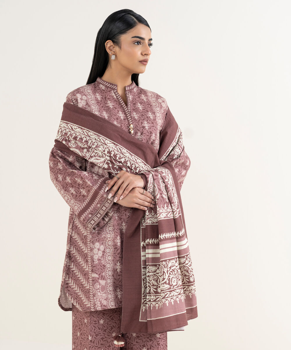 Women's Unstitched Printed Cotton Tea Pink & Off White 3 Piece Suit