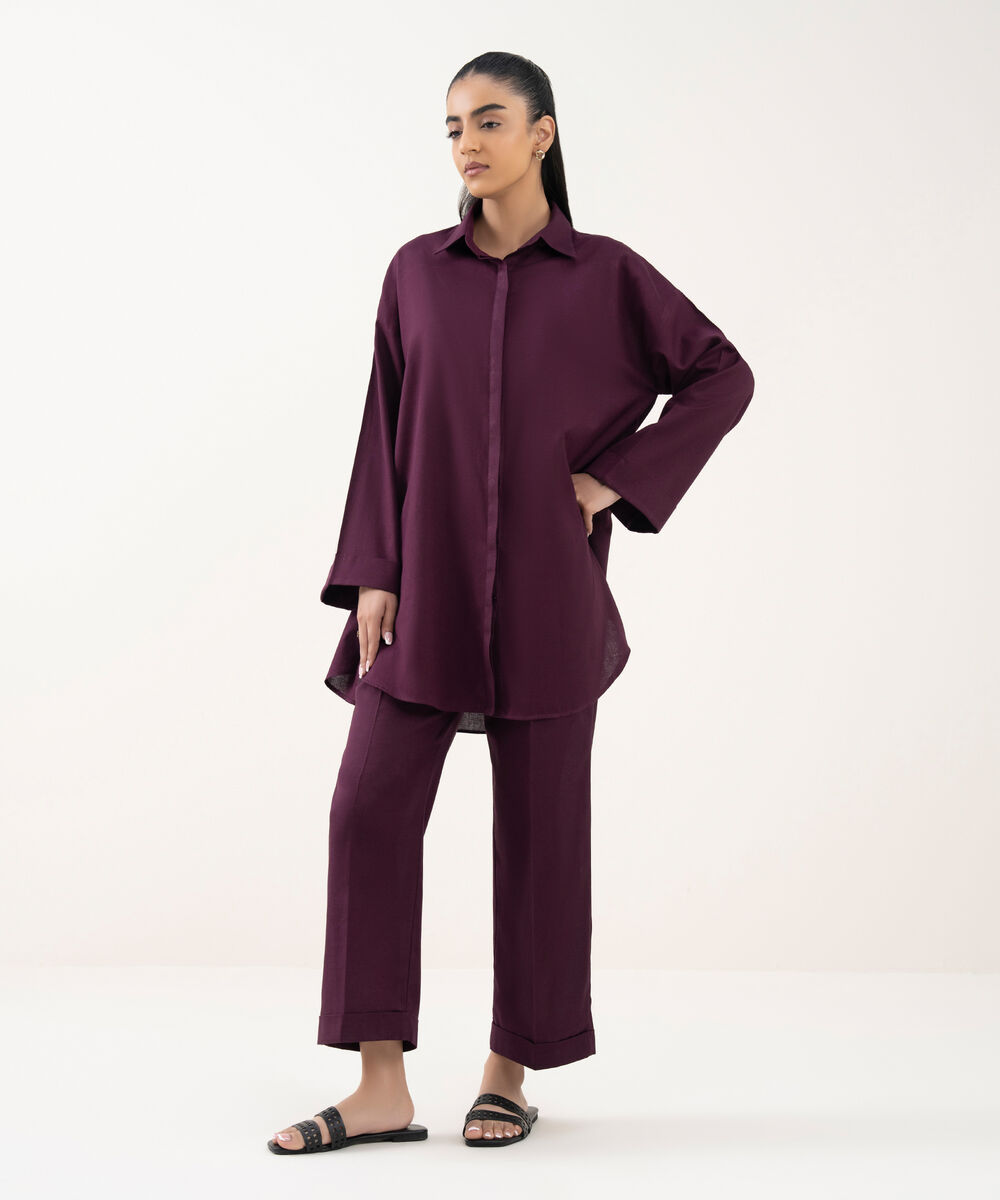 Women's RTW Cotton Linen Purple Solid Button Down Shirt