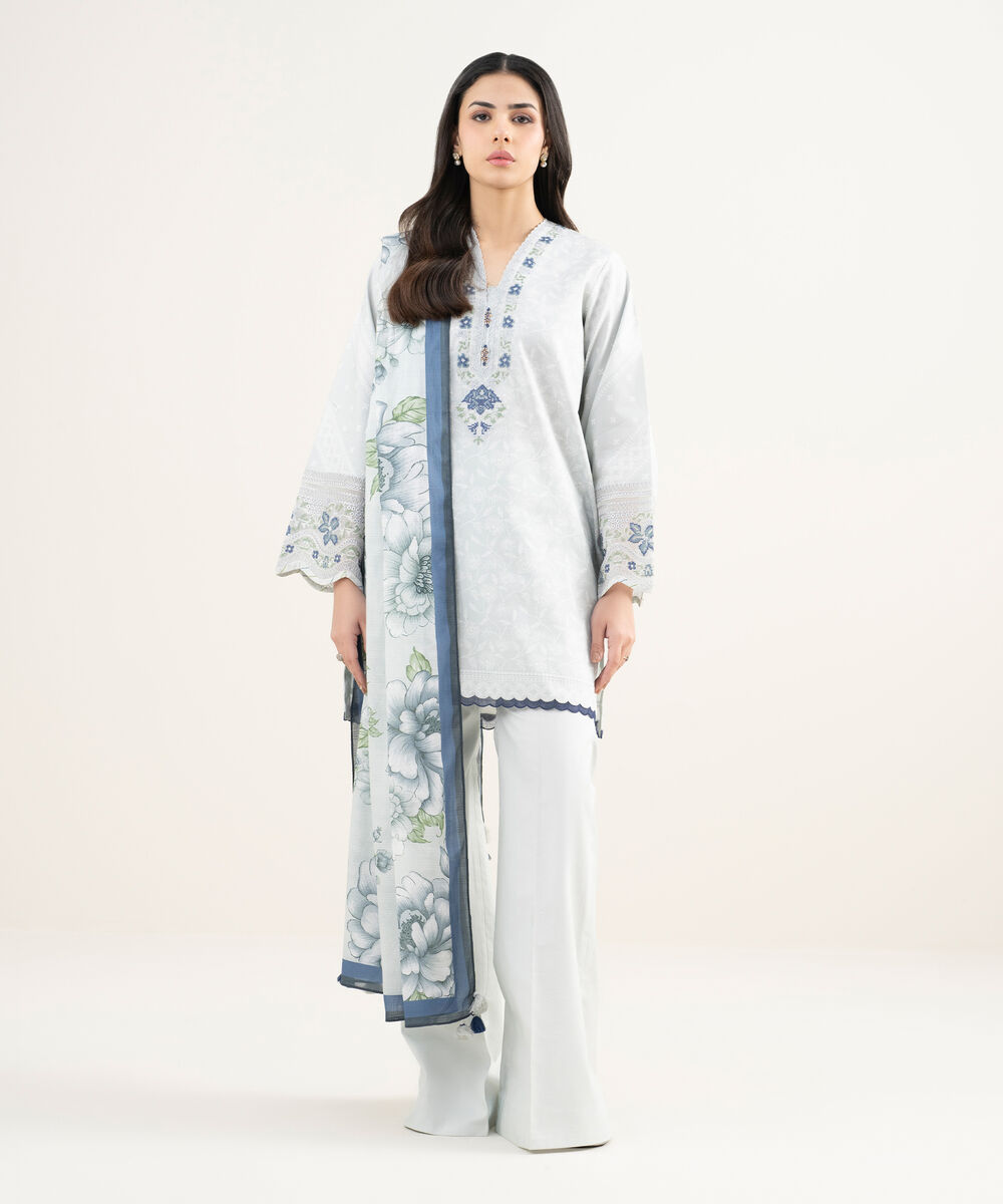 Women's Unstitched Lawn Embroidered Grey 3 Piece Suit