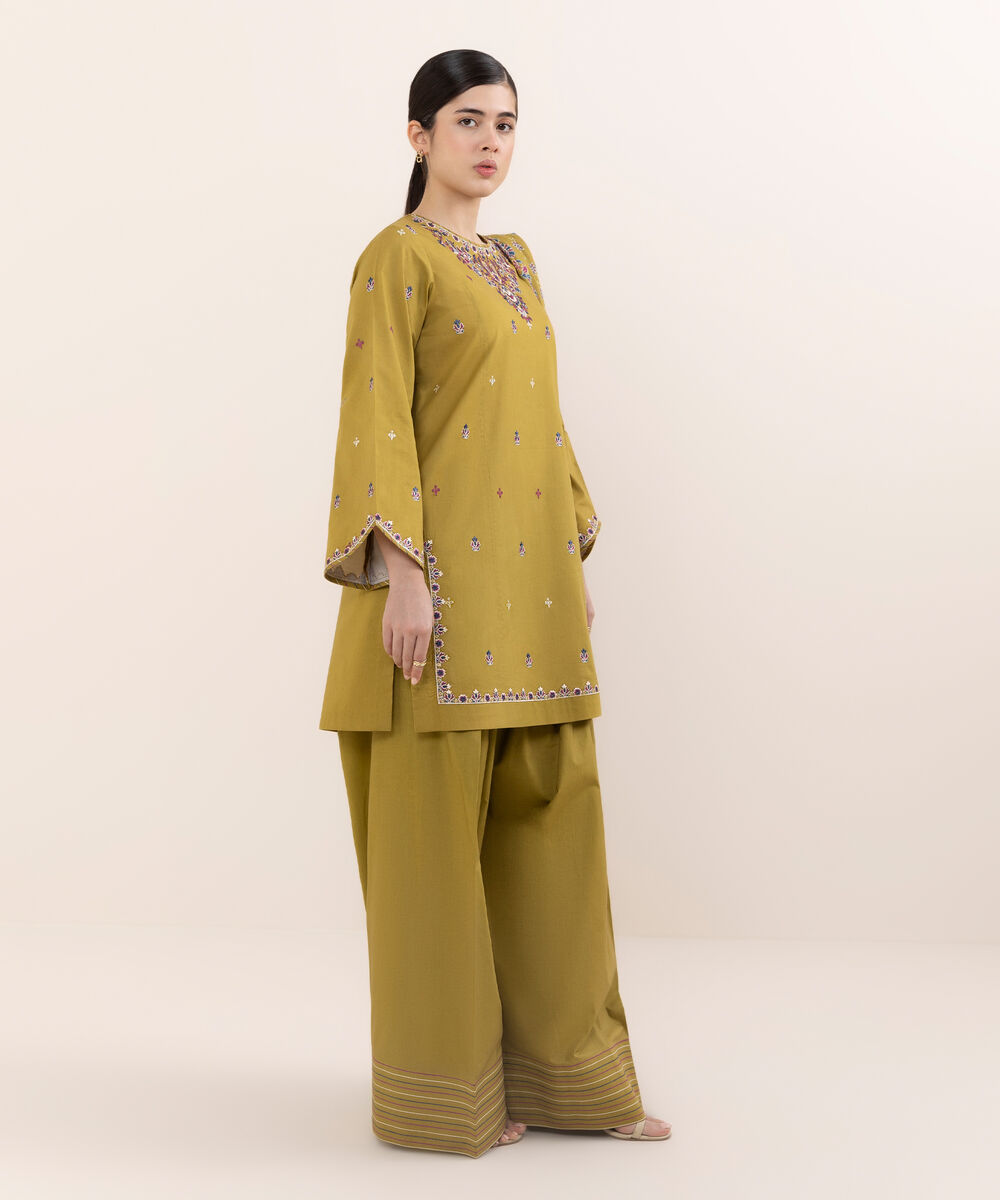 Women's Unstitched Lawn Embroidered Mustard Three Piece Suit