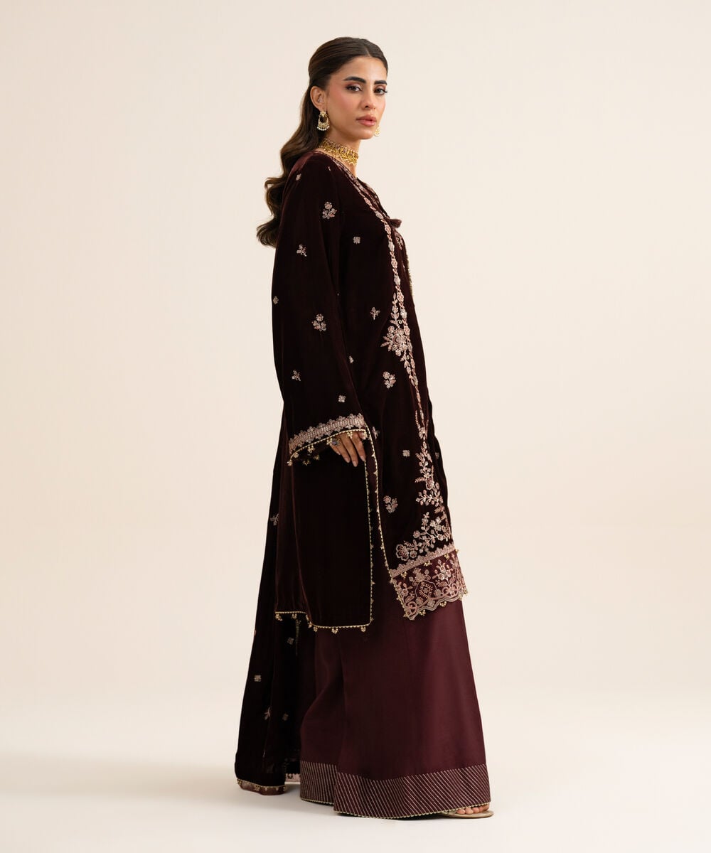 Women's Unstitched Velvet Embroidered Maroon 3 Piece Suit