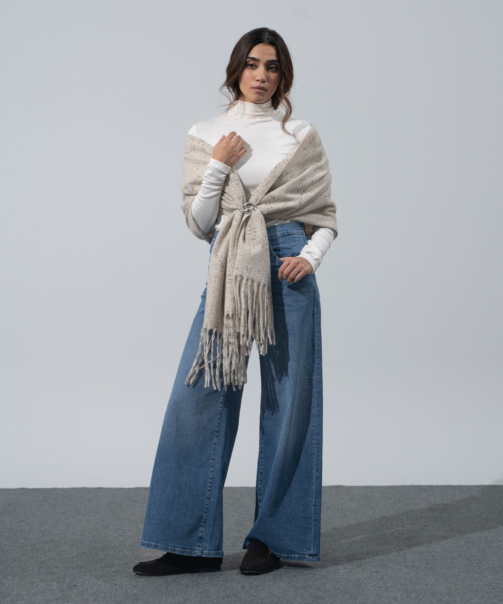 Women's Western Wear Off White Polyester Textured Woolen Scarf