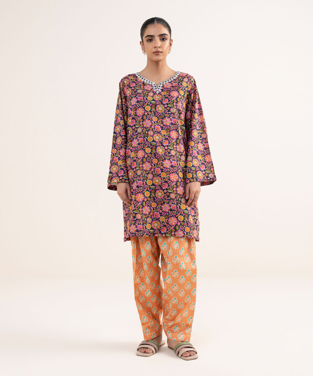 Women's RTW Textured Lawn Black Embroidered A-Line Shirt