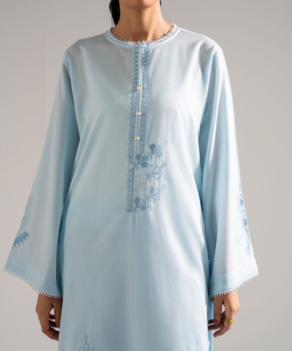 Women's RTW Dobby Embroidered Blue 2 Piece Suit