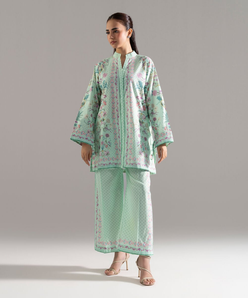 Women's RTW Seersucker Printed Green 2 Piece Suit