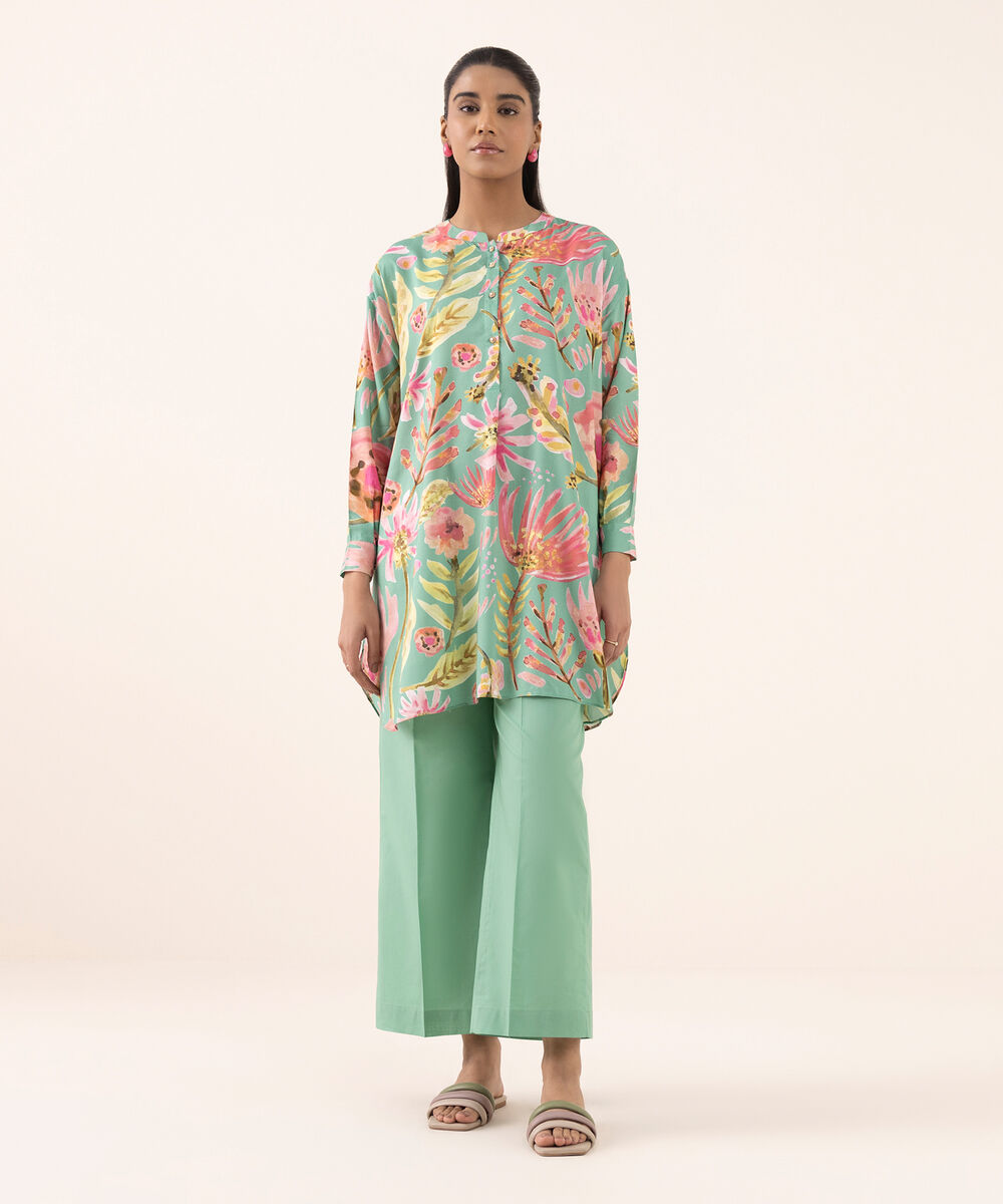 Women's RTW Arabic Lawn Green Printed Boxy Shirt