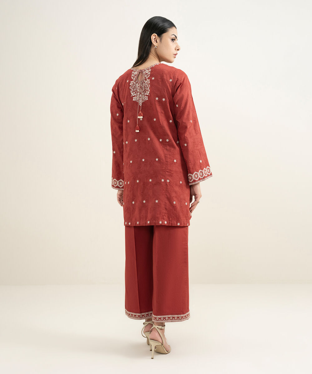 Women's RTW Self Jacquard Embroidered Dark Orange Straight Shirt