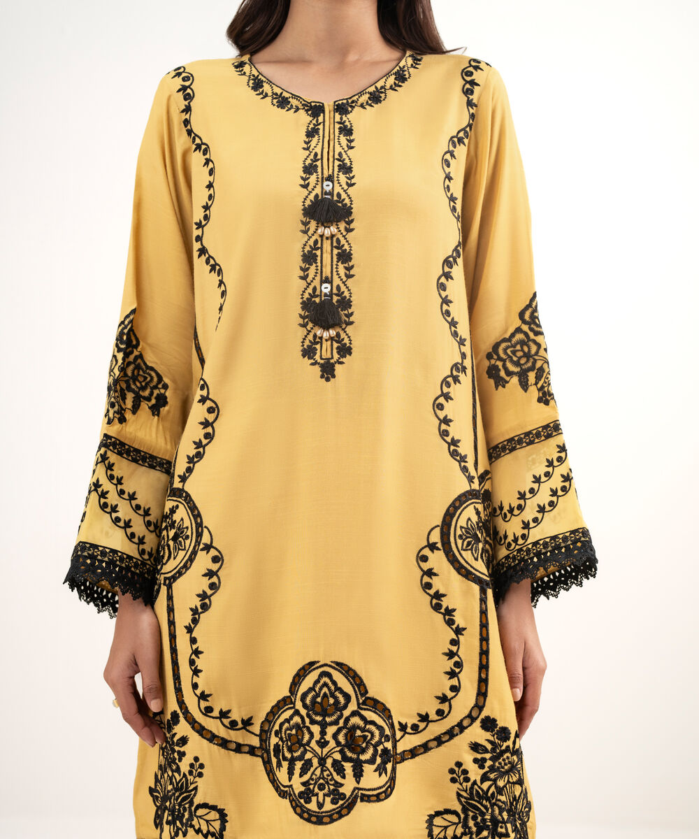 Women's RTW Viscose Raw Silk Embroidered Mustard 2 Piece Suit