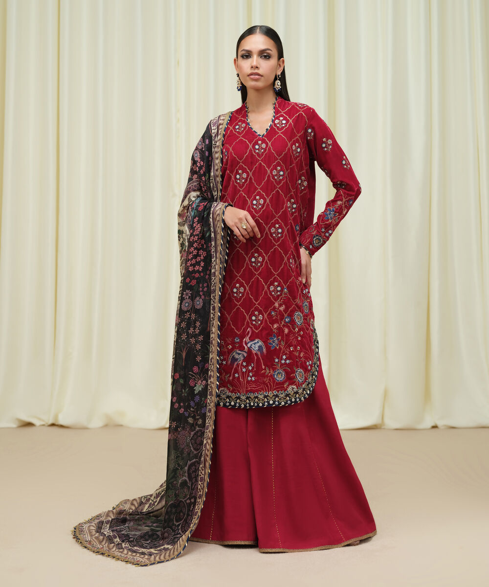 Women's Unstitched Velvet Embroidered Red 3 Piece Suit