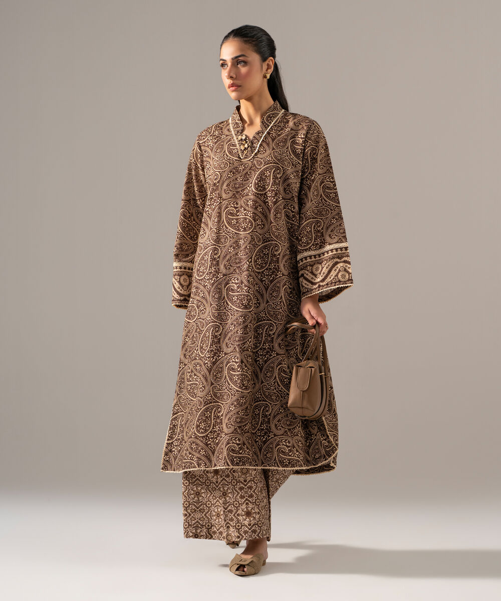 Women's RTW Khaddar Printed Brown 2 Piece Suit