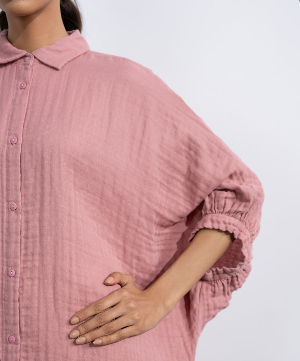 Women's Western Tea-Pink Batwing Sleeve Cotton Muslin Dress