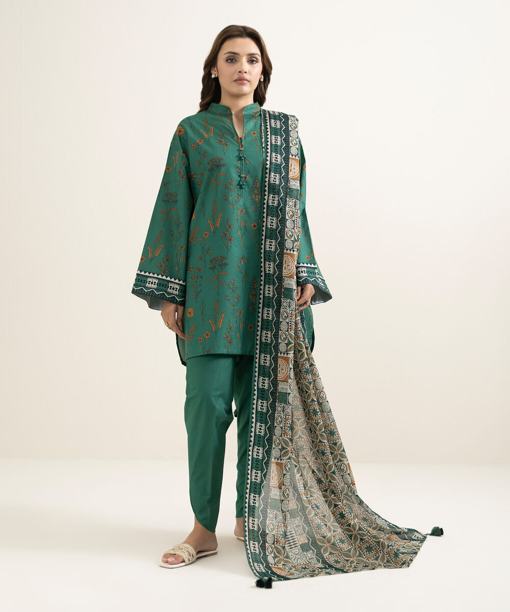 Women's Unstitched Lawn Printed Green 3 Piece Suit