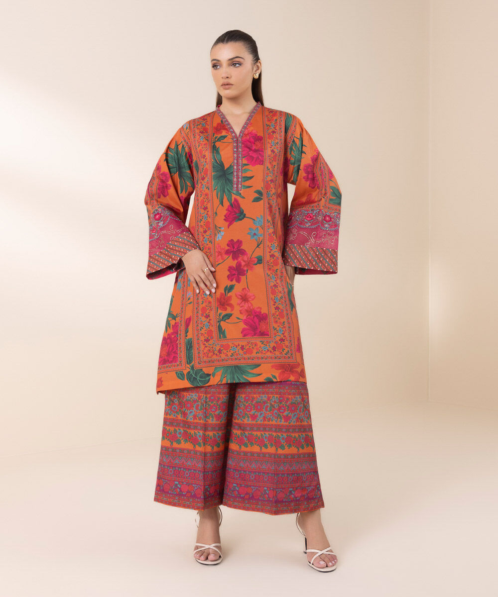 Woman - Orange 2 Piece - Embroidered Silk Suit