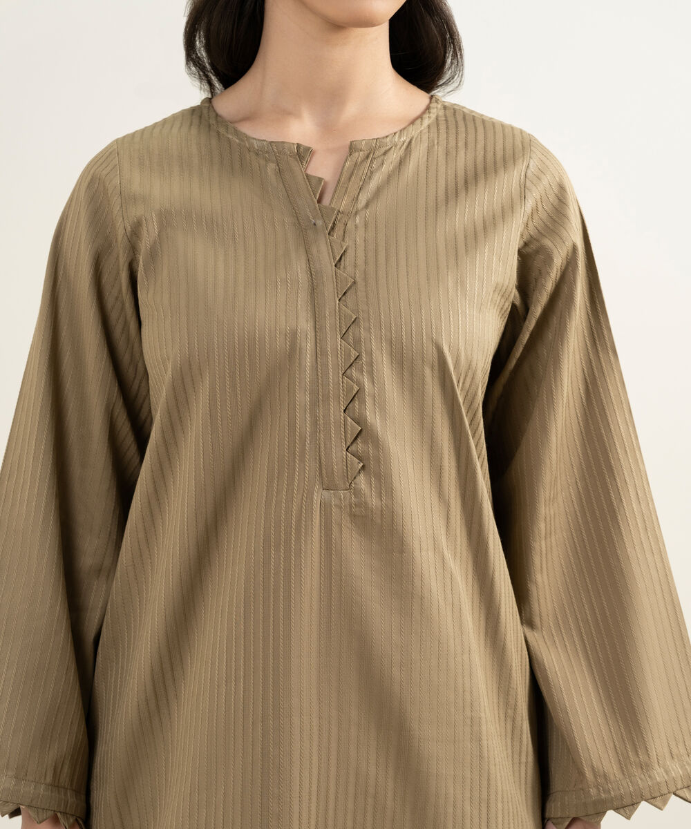 Women's RTW Dobby Solid Beige Straight Shirt