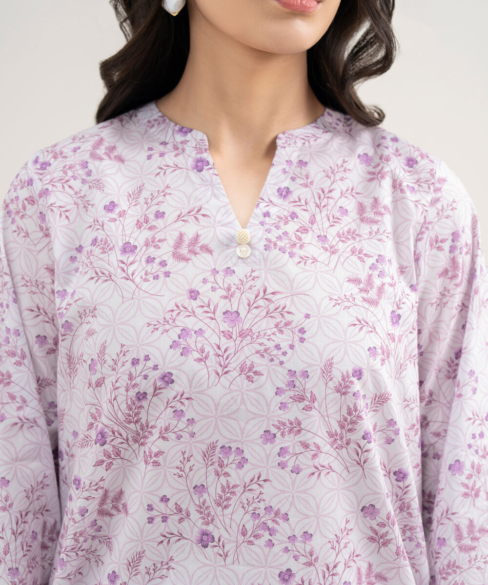 Women's RTW Cambric Printed Purple 3 Piece Suit