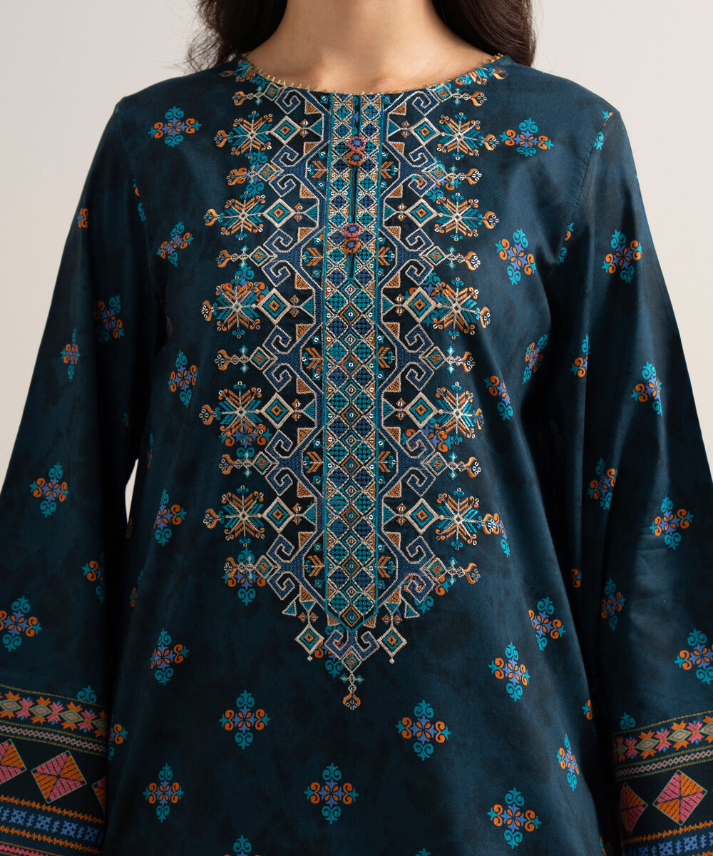 Women's Unstitched Embroidered Linen Blue 3 Piece Suit