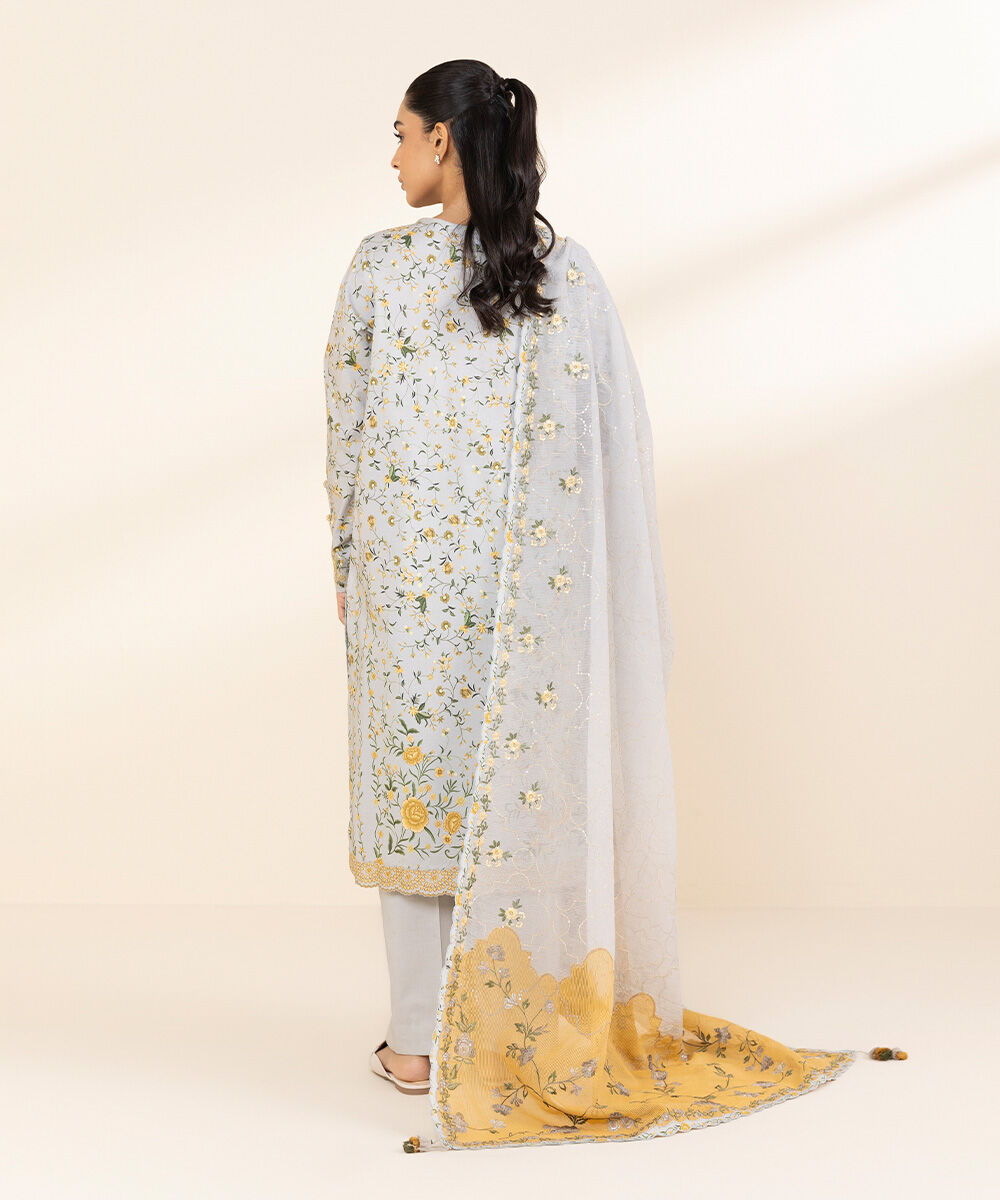 Women's Unstitched Lawn Embroidered Grey 3 Piece Suit