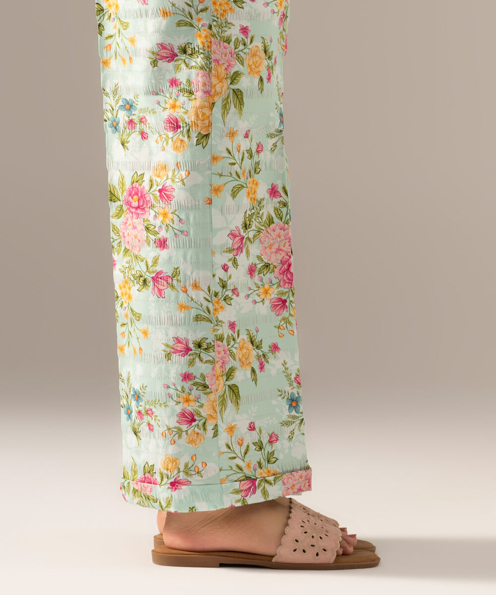 Women's RTW Seersucker Printed Turquoise Straight Pants