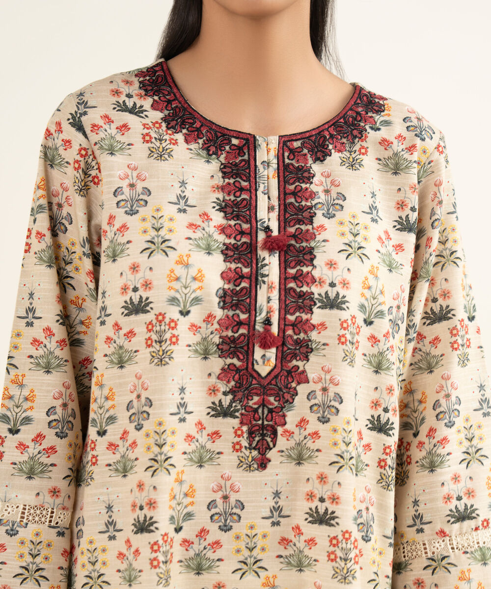 Women's RTW Cotton Embroidered Beige A-Line Shirt